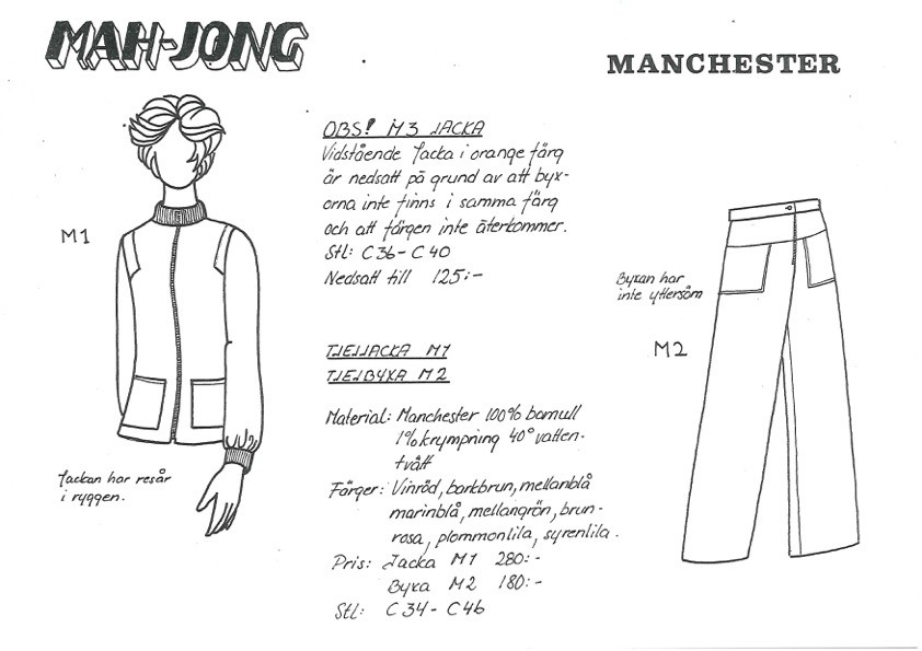 Bild i postorderkatalog för Norrkläder som från 1980 tillverkade de klassiska Mah-Jong modellerna. Källa: Postorderkatalog. Mah-Jongs arkiv, Centrum för näringslivshistoria.