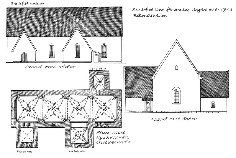 Rekonstruktionsritning av stenkyrkan från 1507 utförd av Hannes Wagnstedt. 