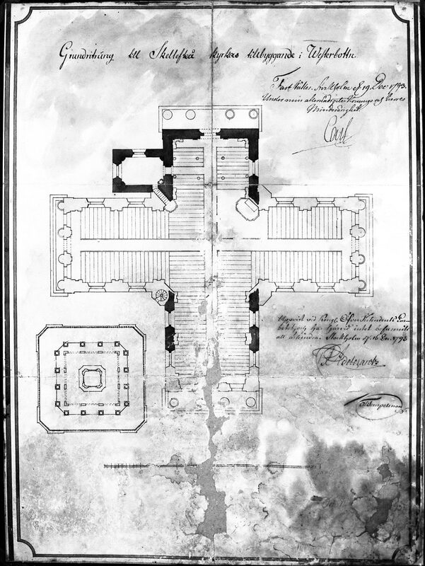 Jacob Rijfs planritning till ombyggnaden av Skellefteå kyrka från 1793. 