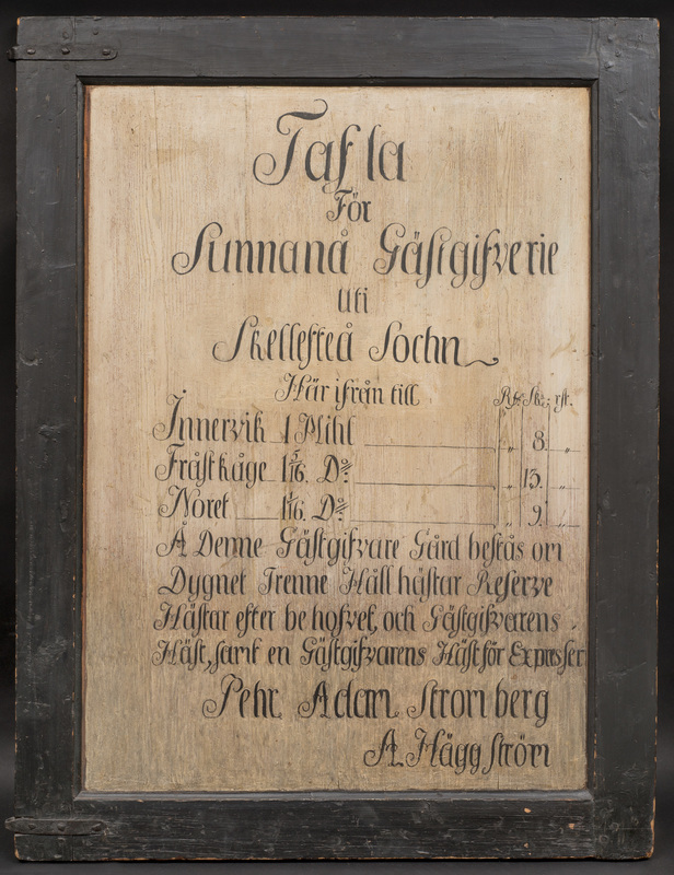 Tafla för Sunnanå gästgifveri från omkring sekelskiftet 1800. Fotograf: Krister Hägglund, Skellefteå museum.