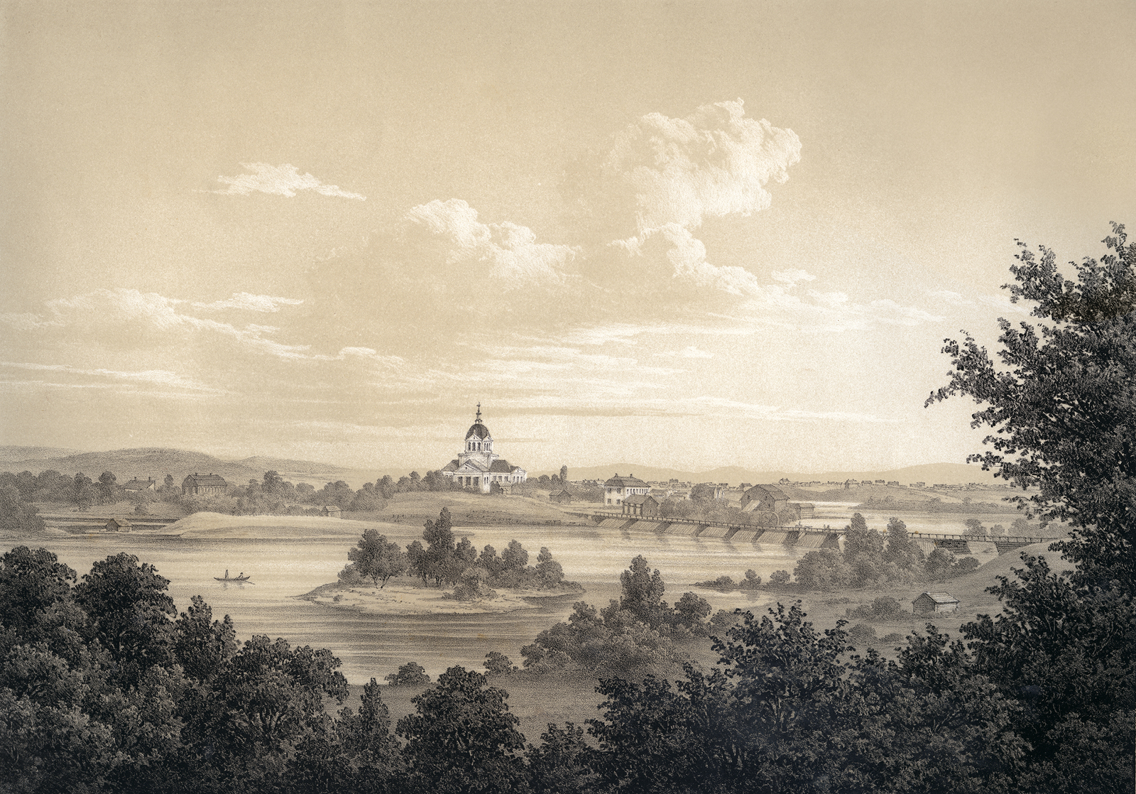  Litografi av landskyrkan med omnejd från 1856. 